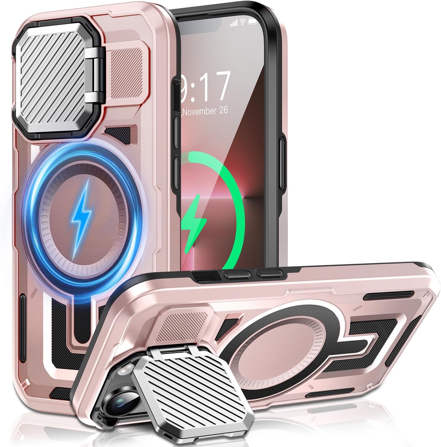 Camera Stand Case for iPhone 13 Pro Max, [Compatible with Mag Safe] [Lens Cover] 2024 Version Military Grade Protective Soft Case for iPhone 13 Pro Max 6.7 inch Men Women, Pink