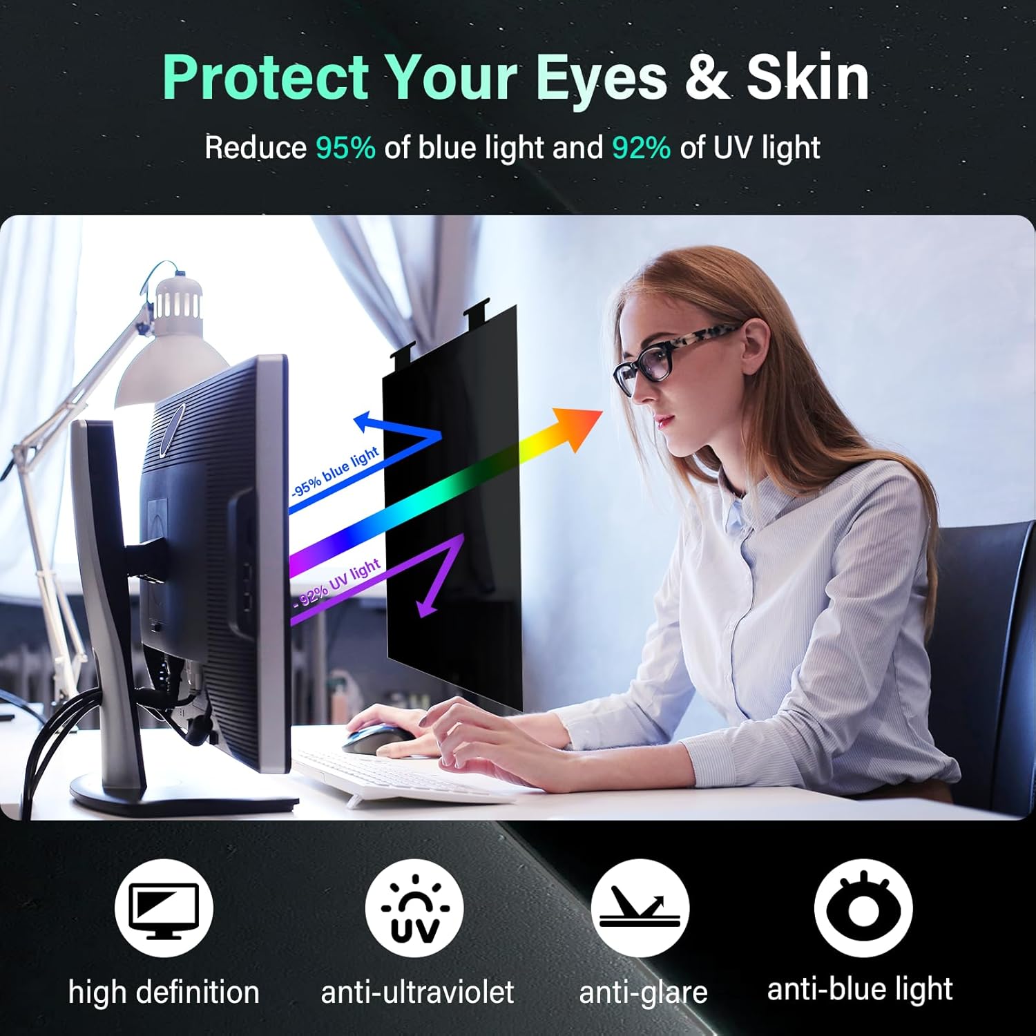 [2 Pack] Magnetic 24 Inch Computer Privacy Screen for 16:10 Aspect Ratio Widescreen Monitor, Hanging Eye Protection Anti Glare Blue Light Computer Monitor Privacy Filter, Removable 24in Protector Film