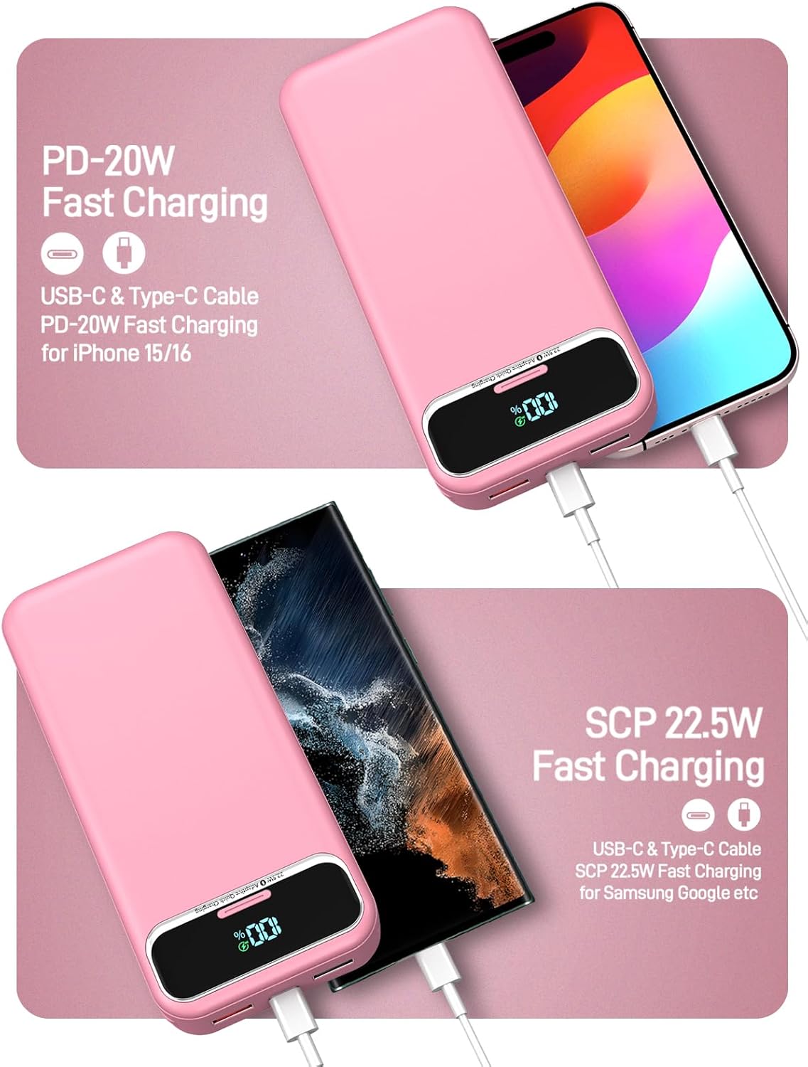 Portable Charger Power Bank with Built in Cables and AC Wall Plug,PD20W&SCP22.5W USB-C Super Fast Charging,20000mAh Travel Phone Charging,LED Display Battery Pack Compatible All iPhone Samsung etc