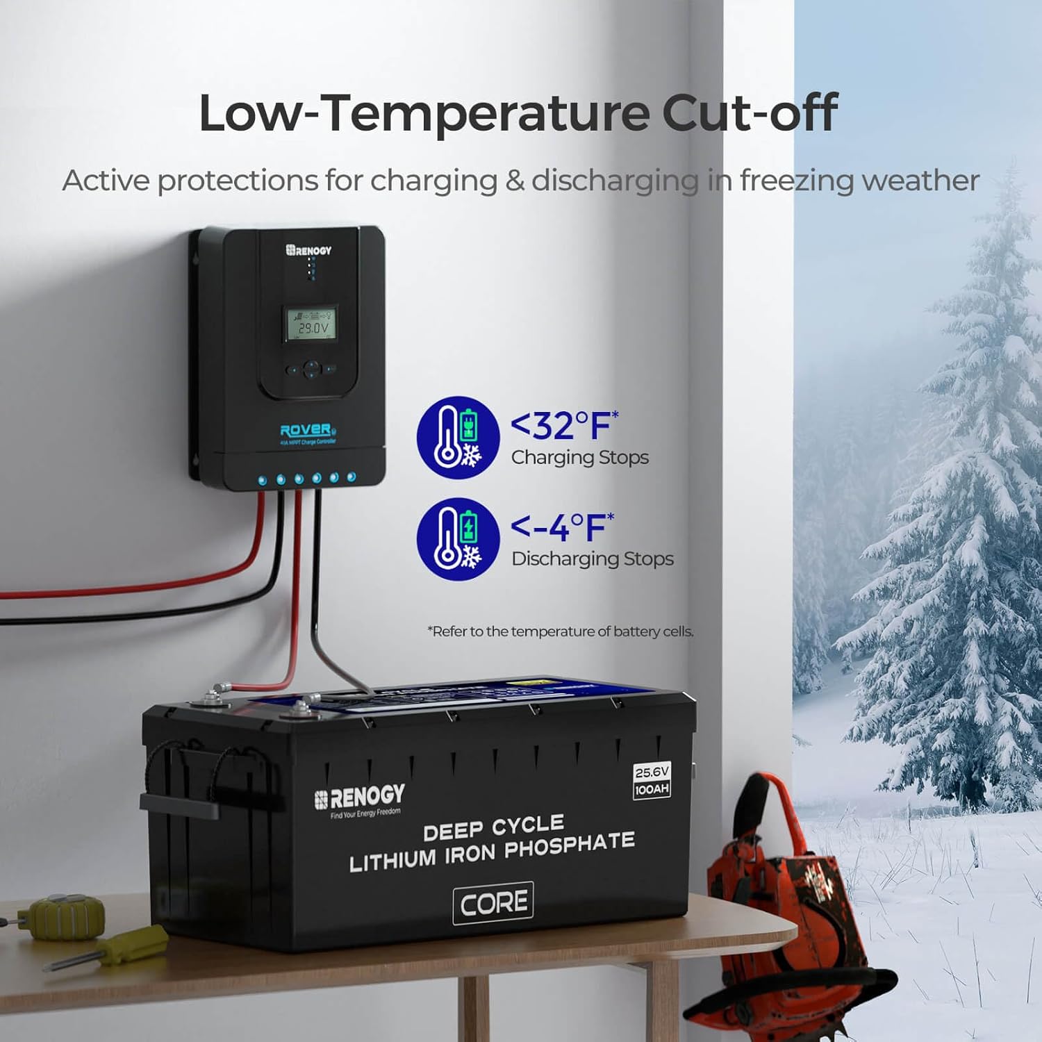 Renogy 24V 100Ah BMS LiFePO4 Self-Heating Deep Cycle Lithium Battery, Over 5000 Cycles, Backup Power Perfect for Trolling Motors, RV, Marine and Other Off-Grid System
