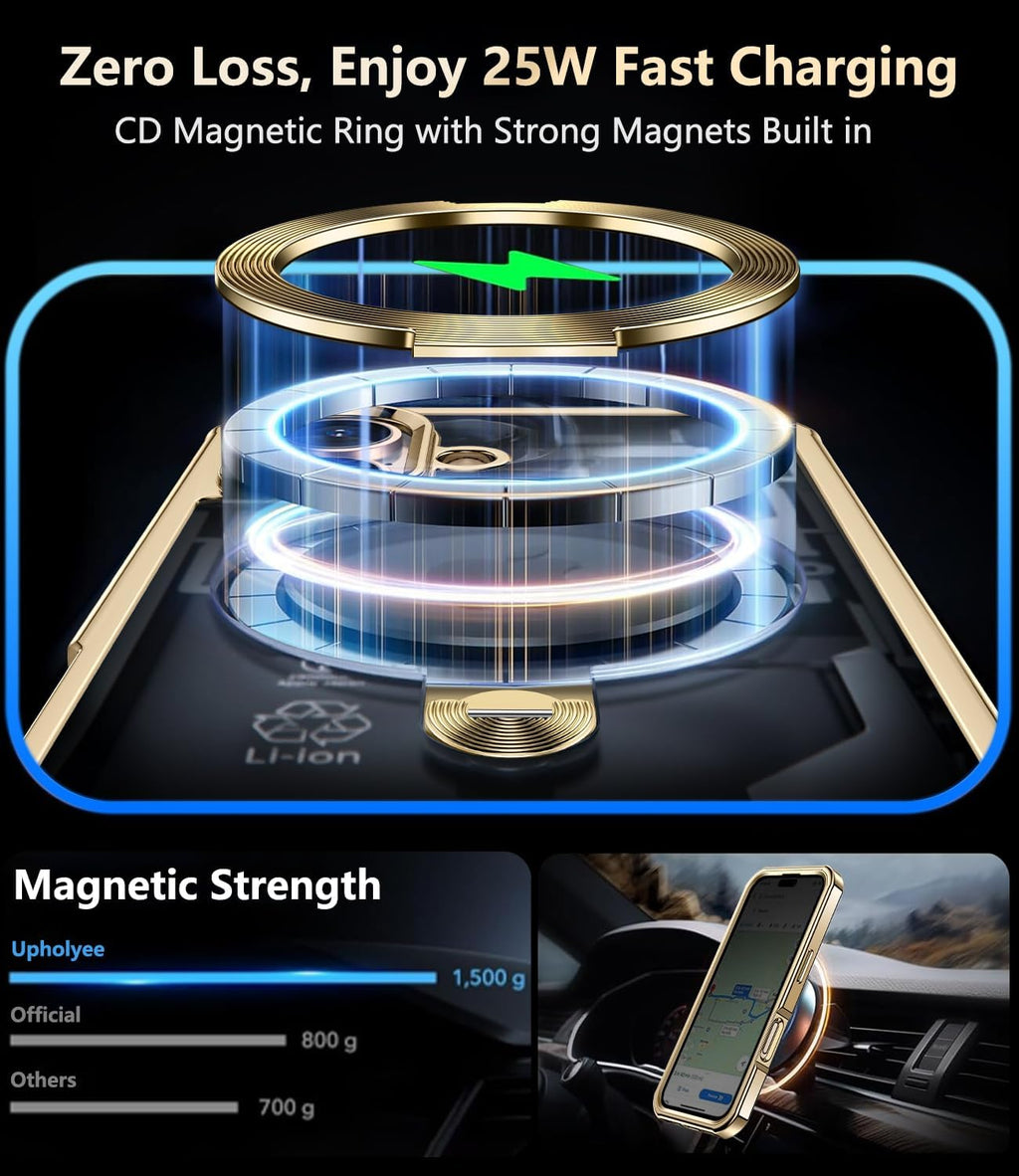 [360° Rotatable CD Stand & Built-in Privacy Screen Magnetic Case for iPhone 16 [Compatible with MagSafe & Full Signal] Mil-Grade Shockproof Full Body Anti-Spy Cover for 16-Gold
