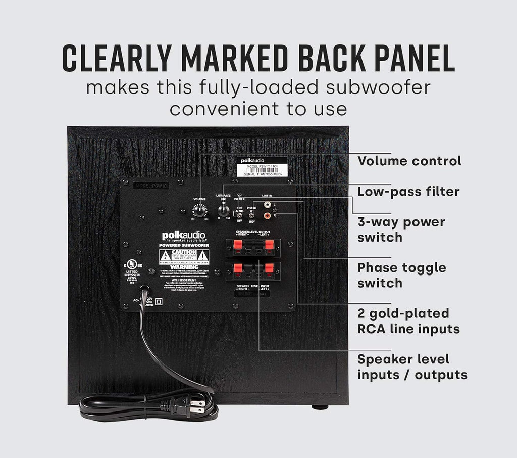Polk Audio PSW10 10" Powered Subwoofer – Power Port Technology, Up to 100 Watts, Big Bass in Compact Design, Easy Setup with Home Theater Systems, Timbre-Matched with Monitor & T-Series Polk Speakers