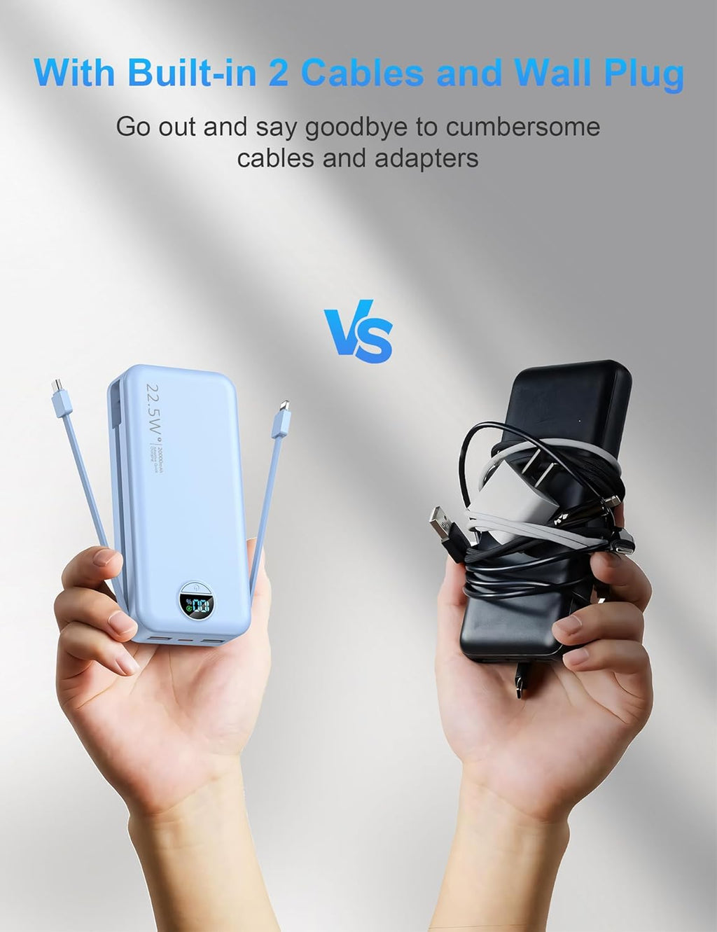 Portable Charger with Wall Plug, 20000mAh USB C Power Bank Fast Charging, External Battery Pack with Built in Cables, Digital Display, 5 Output 2 Input for iPhone Android Cell Phone Tablet