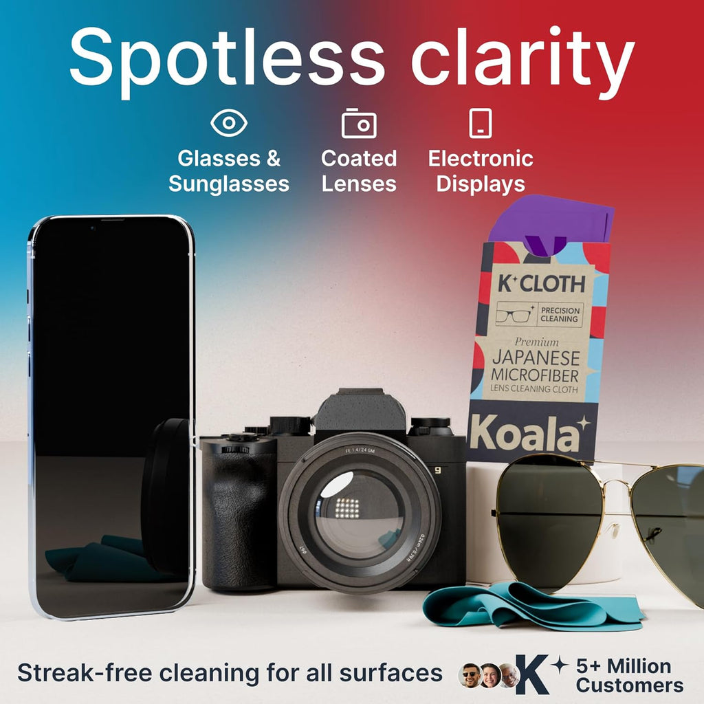 Koala Lens Cleaning Cloth | Japanese Microfiber | Glasses Cleaning Cloths | Eyeglass Lens Cleaner | Eyeglasses, Camera, VR/AR Headset, and Screen Cleaner | Blue & Purple (Pack of 2)