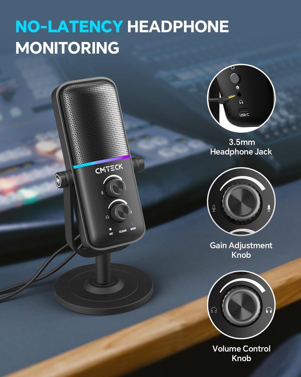 CMTECK USB Microphone for PC, PS4/PS5, Laptop – Computer Microphone with RGB Lighting, Mute Button, Mic Gain, Plug & Play, 3 Sound Modes for Streaming, Podcasting, Recording
