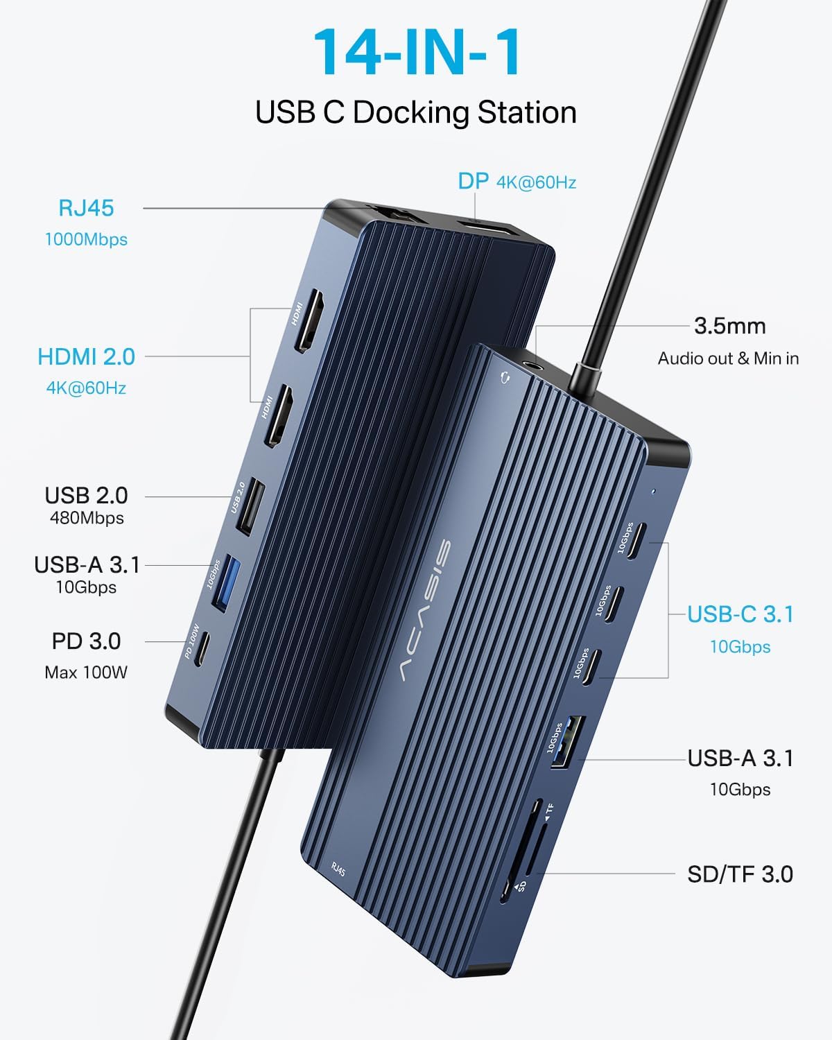 USB C Hub 14-1 USB C Docking Station Dual Monitor, with 2 HDMI+DP(4K60Hz), Ethernet, 3 USBC 10Gbps,100W PD, SD/TF 3.0, Audio, Laptop Docking Station for MacBook/Dell/HP/Lenovo ThinkPad/Surface (Grey)