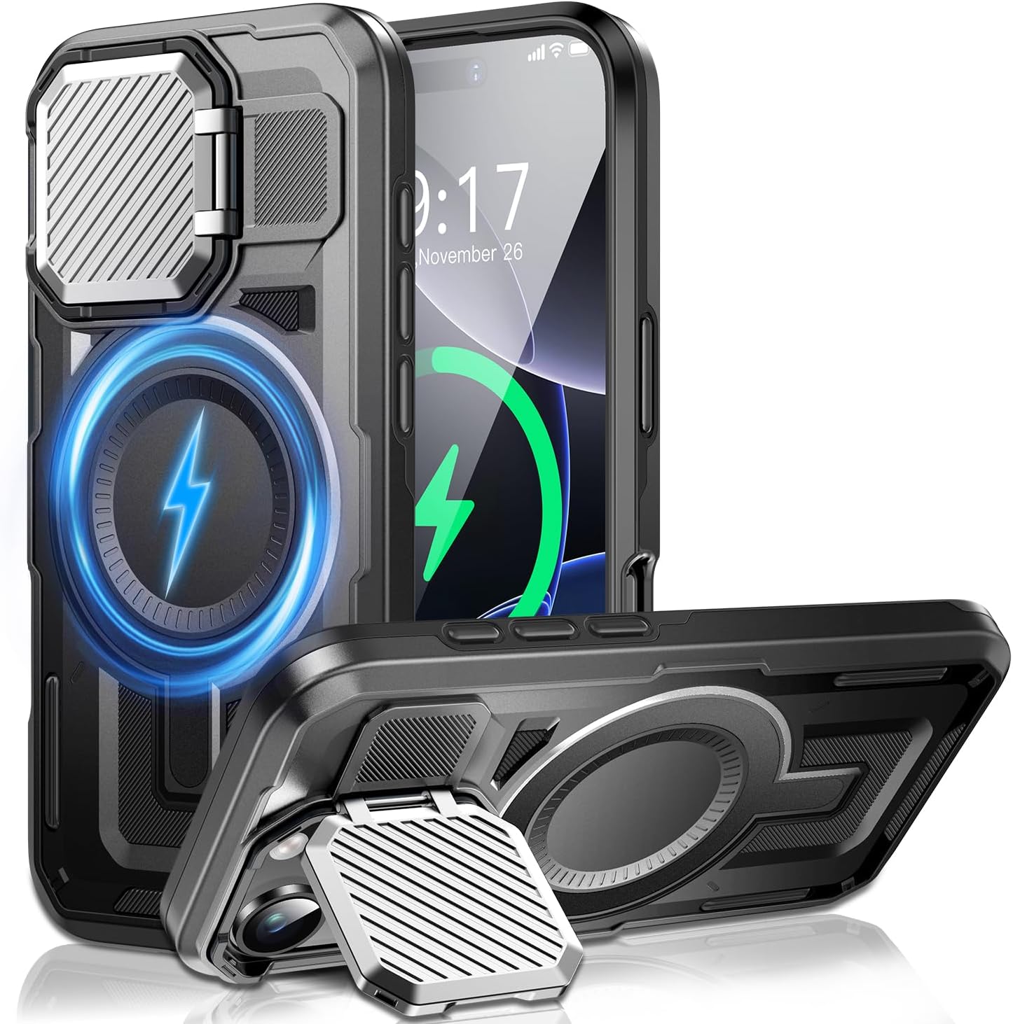 Camera Stand Case for iPhone 16 Pro, [Compatible with MagSafe] [Lens Cover] 2024 Version Military Grade Protective Soft Case for iPhone 16 Pro 6.3 inch Men Women, Black