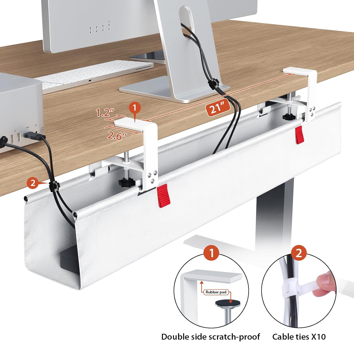 Univivi No Drill Under Desk Cable Management Tray, 36" Cord Organizer for Table, Clamp/Screw Mount Desk Cable Management, Premium Fabric Cable Management Tray for Office, Home