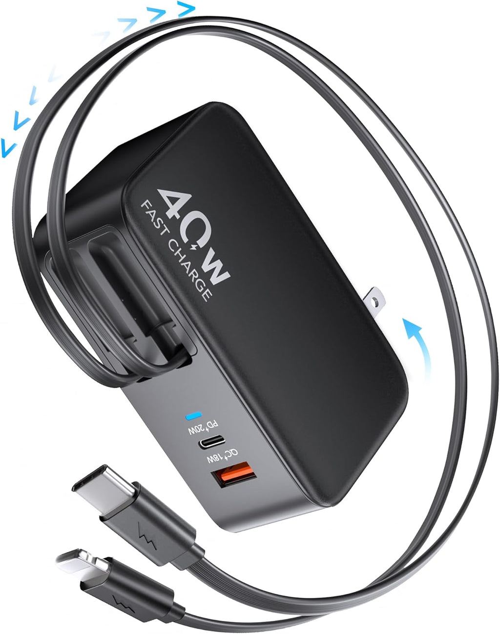 4-in-1 Retractable Gan Wall Charger Plug,Travel Essentials Brick Multiport USB Ports,3ft Lightening and Type c Cables,40W Multi Fast Charging Foldable Block for iPhone 16/15/14/13,iPad,Galaxy,Pixel