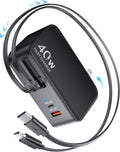 4-in-1 Retractable Gan Wall Charger Plug,Travel Essentials Brick Multiport USB Ports,3ft Lightening and Type c Cables,40W Multi Fast Charging Foldable Block for iPhone 16/15/14/13,iPad,Galaxy,Pixel