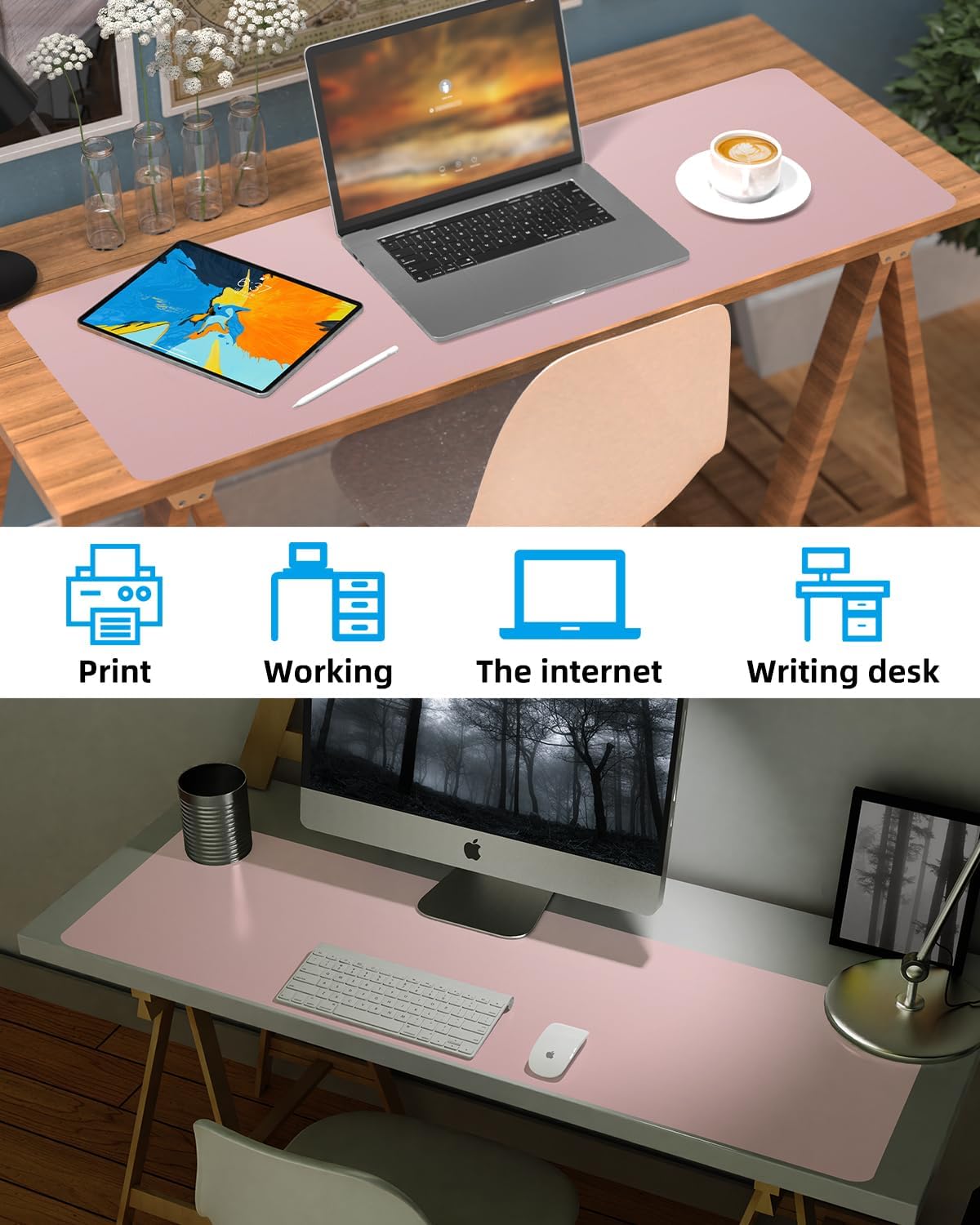 Leather Desk Pad Protector, Large Desk Mat, Mouse Pad, Non-Slip PU Leather Desk Blotter,Desk Cover mat,Desk mat for Keyboard and Mouse,Mat for Office&Home (Rose Pink, 48" x 17")
