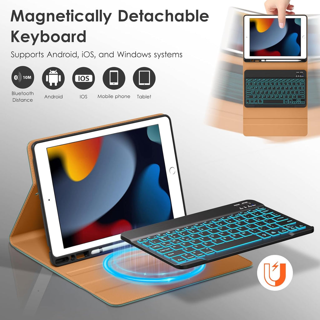 DTTO for iPad 9th/8th/7th Generation 10.2" Case 2021/2020/2019 with Keyboard, 7 Colors Backlit Wireless Detachable Keyboard Premium Leather Folio Cover with Pencil Holder & Pocket, Midnight Green