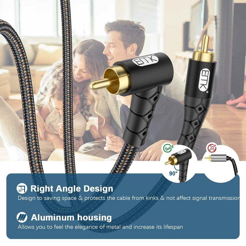 EMK 90 Degree RCA Subwoofer Cable 24K Gold-Plated Connector Nylon Braided Double Shielded – Support Digital & Analog Signals for Amplifier, Home Theater, Hi-Fi System,Subwoofer Black/30ft/10m