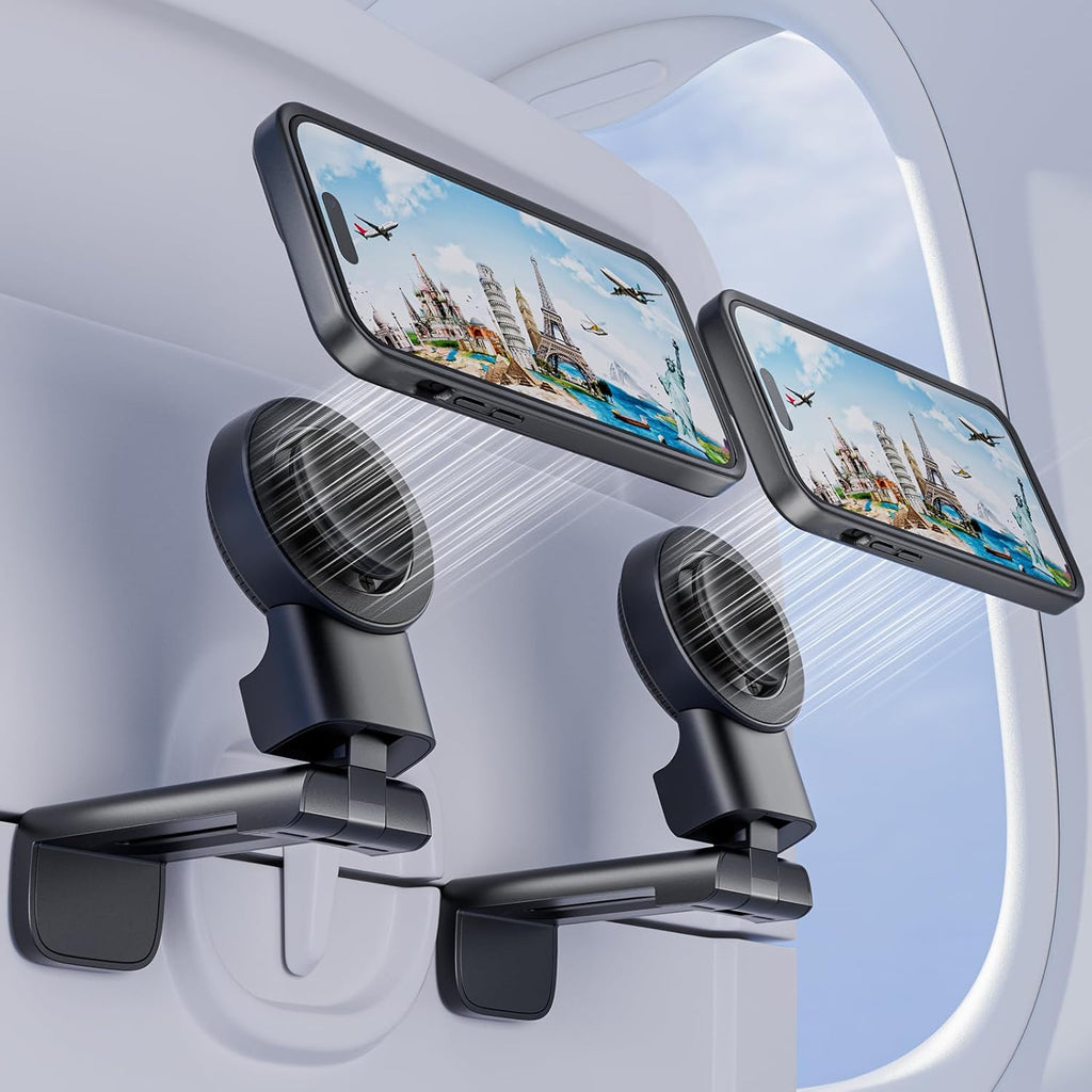 MiiKARE Travel Essentials Magnetic Airplane Phone Holder, Universal Handsfree Phone Mount for Flying with 360 Degree Rotation, Travel Must Haves Phone Stand for Desk, Tray Table, Black&Black