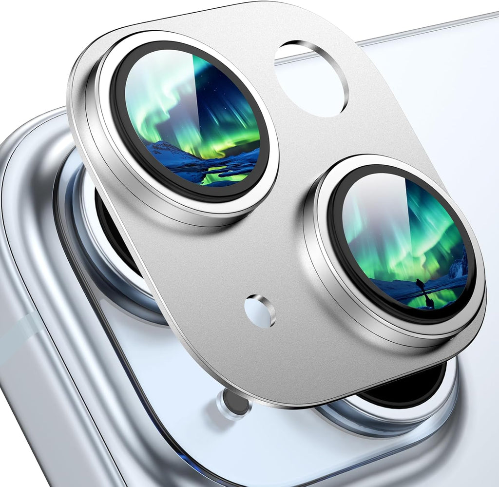 Compatible with iPhone 15/iPhone 14/iPhone 14 Plus/iPhone 15 Plus Camera Lens Protector, [Case-Friendly][Strong Adsorption][AR Anti-Reflection] Tempered Glass Full Coverage,Silver