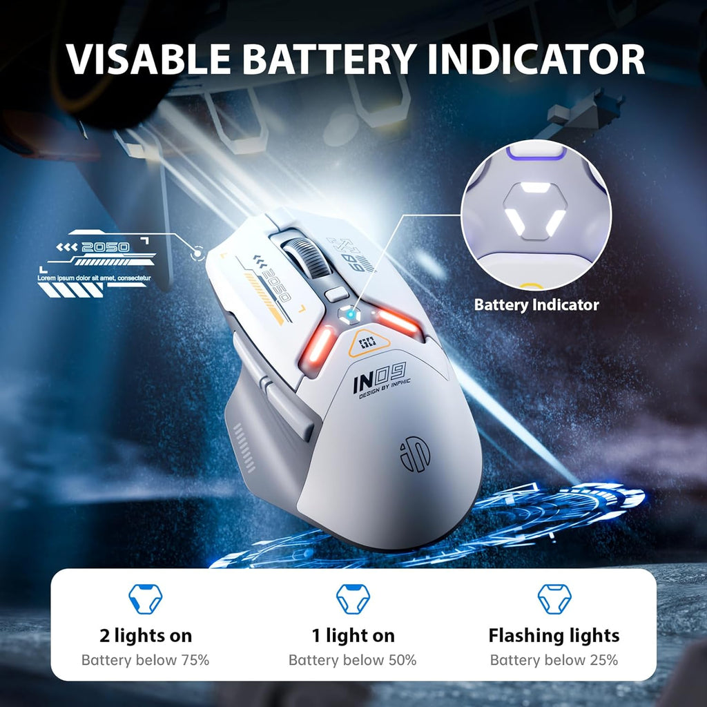 INPHIC IN9 Wireless Gaming Mouse, True Tri-Mode Bluetooth/Type-C Wired/2.4G Wireless Connection, 10000 DPl, Fully Programmable, RGB Backlit, for Laptop PC Mac