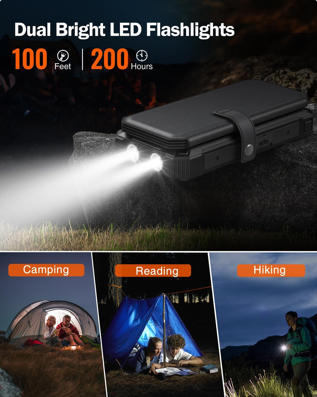 GOODaaa Solar Charger Power Bank, Portable Wireless Charger 36800mAh with Five Solar Panels Built-in Four Cable Five Outputs Outdoor Battery Pack for Cell Phone with Dual Flashlights, Carabiner