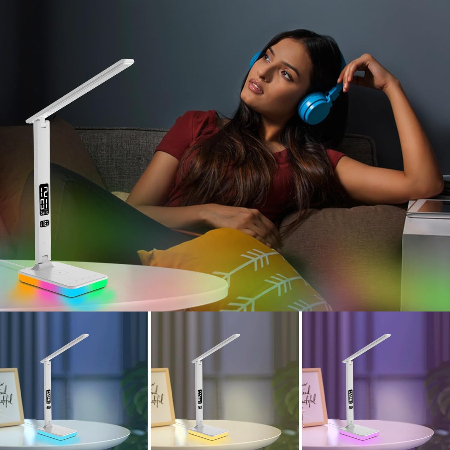 LED Desk Lamp for Home Office, USB Charging Port, Reading Lamp Desk Light with 5 Brightness, 3 Colors, Table Lamp with Clock, Alarm, Date, Temperature, Desk Lamp for College Dorm Room (White)