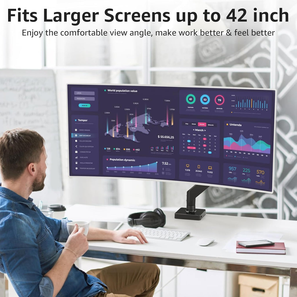 MOUNTUP Single Monitor Mount with USB Fits 42 40 35 32 27 24 Heavy Duty Widescreen, Gas Spring Monitors Stand for Desk, Holds 4.4-33 lbs Screen, Ultrawide Monitor Arm, VESA Mount Clamp/Grommet Base