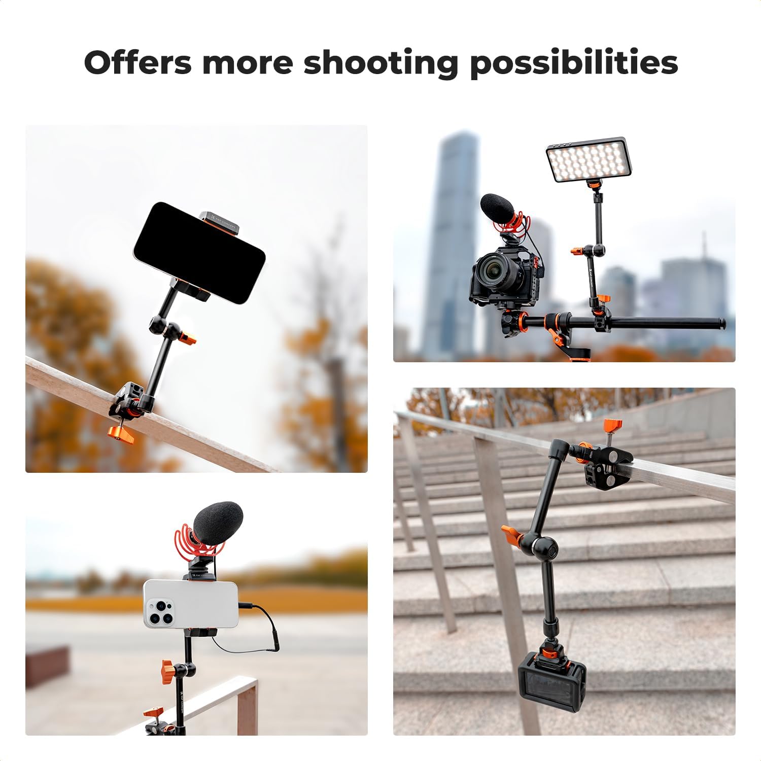 K&F CONCEPT 11" Magic Arm 1/4" Screw 360° Ball Heads Articulating Friction Camera Arm Mount for Monitor, LED Light, Webcam, Microphone, Camera Cage