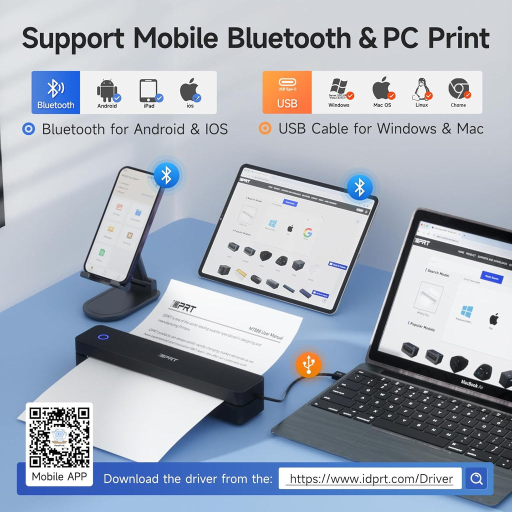 iDPRT Portable Printer Wireless for Travel - Bluetooth Mobile Printer Support for 8.5"x11" US Letter, Inkless Compatible with iOS, Android, Laptop for Office, Car and Home (pro, Black)