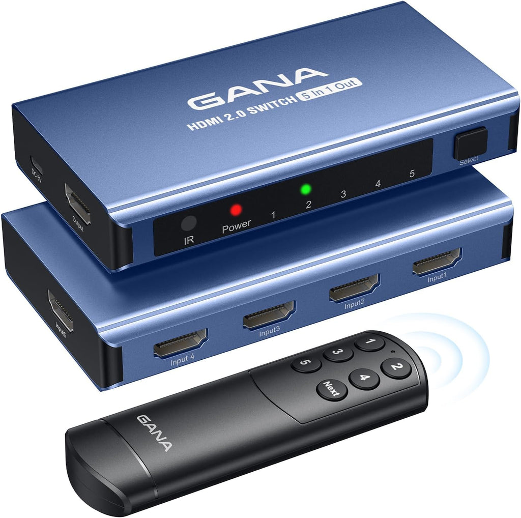 HDMI Switch 5 in 1 Out 4K@60Hz, GANA HDMI Splitter Switcher with Remote, Aluminum HDMI 2.0 Switch Box Hub for 3D, HDCP2.2, HDR, Compatible with Xbox, PS5/4/3,Fire Stick,Roku,Blu-Ray Player, Blue