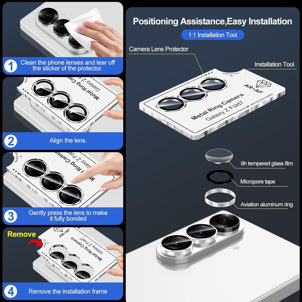 for Samsung Galaxy Z Fold 7 Camera Lens Protector, Individual Metal Ring Tempered Glass Lens Cover, [Strong Adsorption] Scratch Resistant Ultra-Thin HD Clear Lens Cover, 1 Set-Slivery Ring