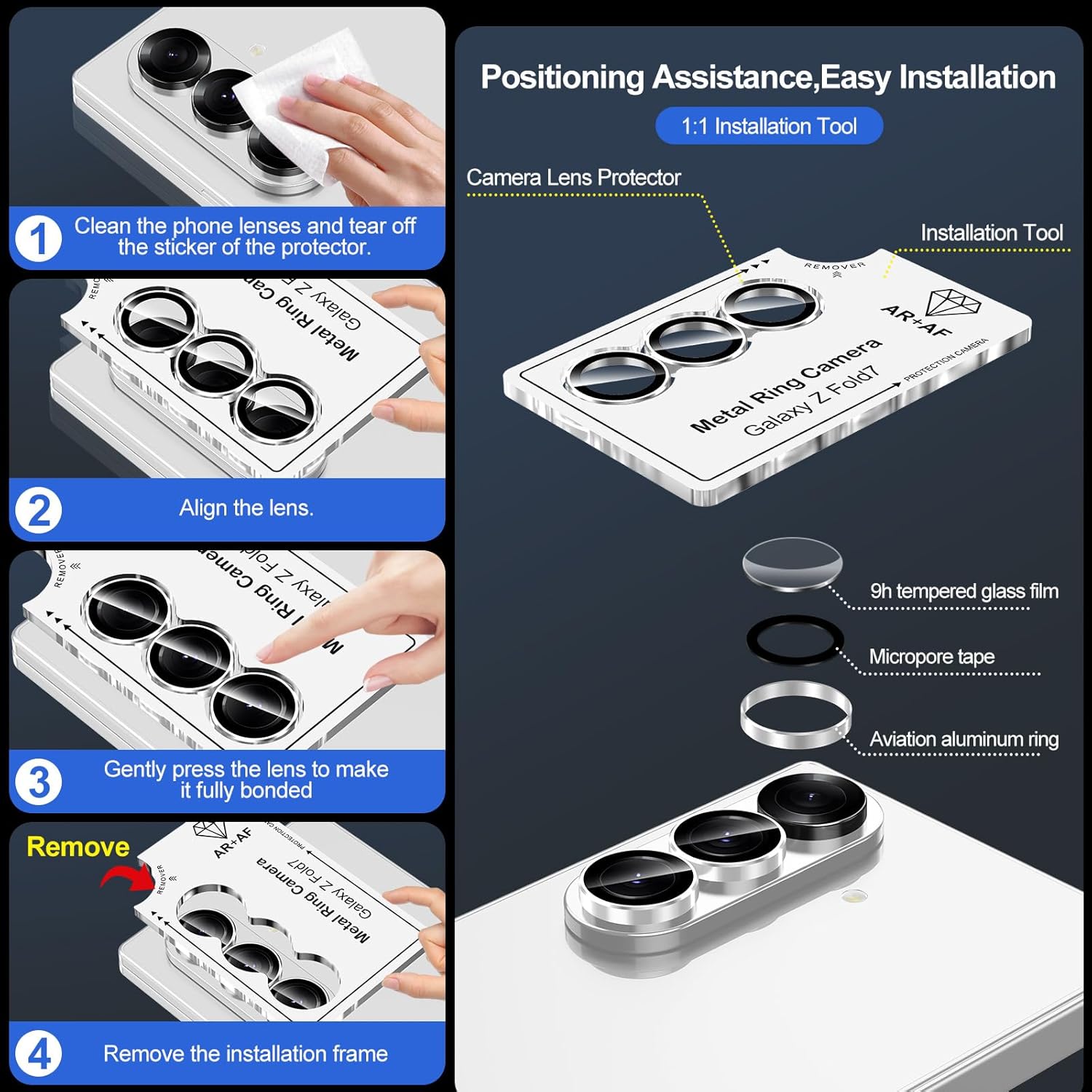 for Samsung Galaxy Z Fold 7 Camera Lens Protector, Individual Metal Ring Tempered Glass Lens Cover, [Strong Adsorption] Scratch Resistant Ultra-Thin HD Clear Lens Cover, 1 Set-Slivery Ring