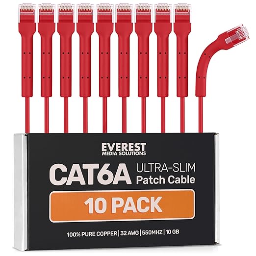 Everest Ultra Slim Cat6a Ethernet Patch Cables 0.5ft Red by EverestMediaSolutions