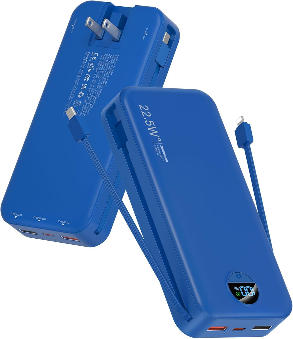 Portable Phone Charger, 20000mAh 22.5W USB C Fast Charging Power Bank with Built-in Cables & Wall Plug, External Battery Pack with LED Display, Ultimate Travel Essential for iPhone, iPad, Samsung Navy