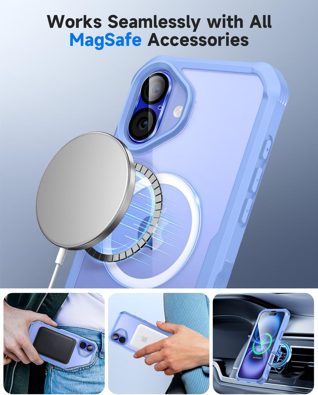 seacosmo for iPhone 16 Case, Full Body Bumper with Built-in 9H Tempered Glass Privacy Screen Protector and Camera Lens Protector, Compatible with MagSafe, Shockproof 16 Phone Case, 6.1", Light Blue