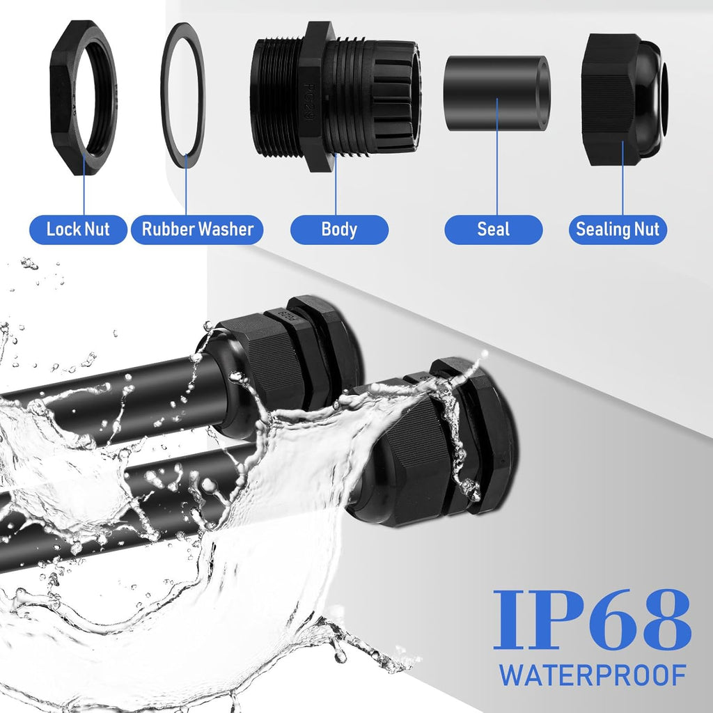 Duraaamo 100pcs Nylon Cable Gland Kit 3-25 mm Cable Gland Connectors NPT Waterproof Strain Relief Cord Connector Black Plastic Cord Grip Weatherproof Cable Pass Through PG7 PG9 PG13.5 PG21 PG29