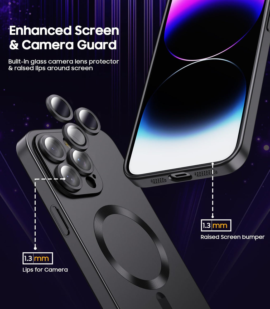 Magnetic for iPhone 14 Pro Max Case [Compatible with MagSafe][Built-in Camera Lens Protector] Slim Soft TPU Bumper Shockproof Metallic Luster Phone Case (Black)