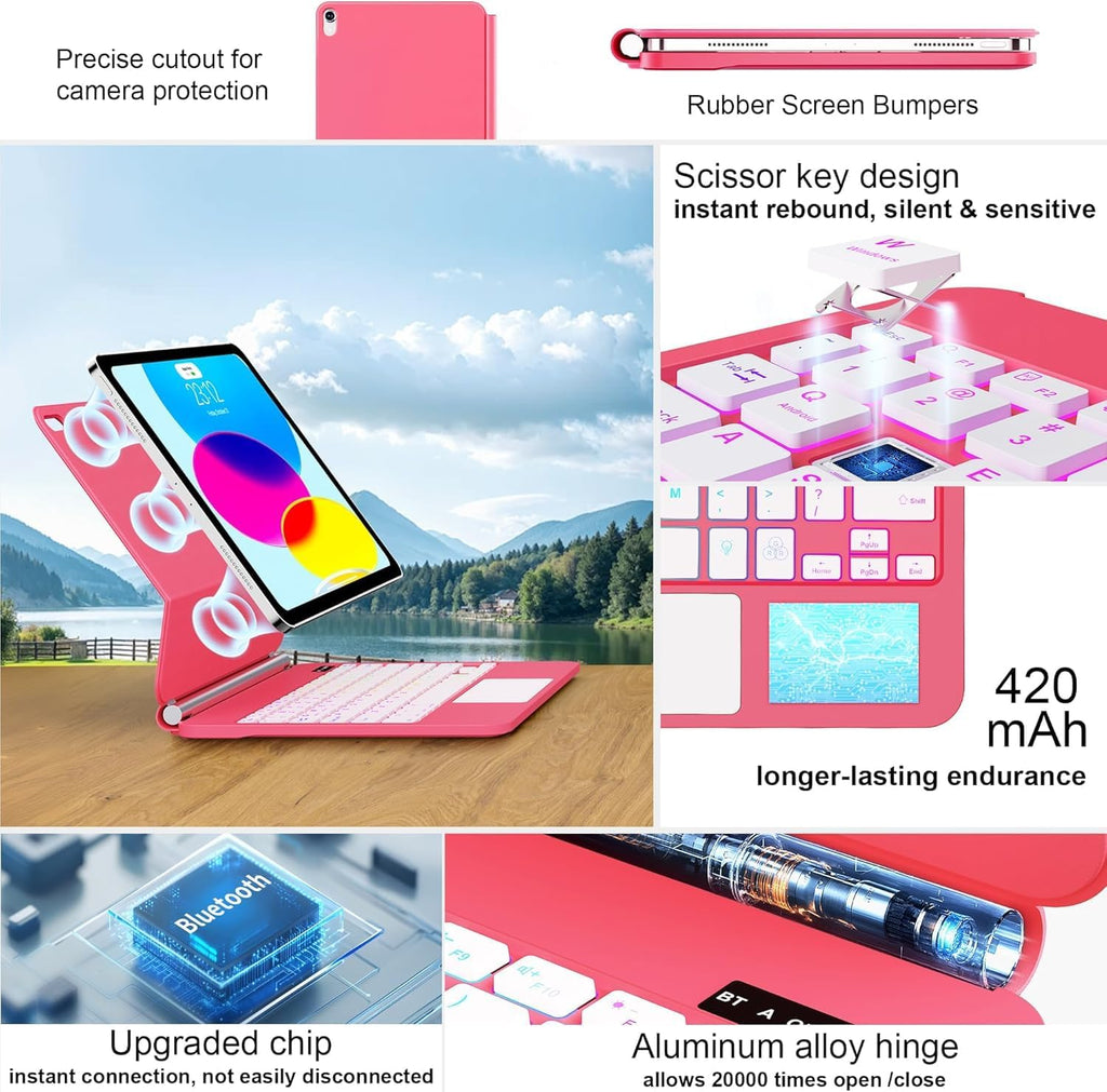 for iPad 11th (A16) & 10th Generation Case with Keyboard – Magic-Style Magnetic – Floating Cantilever Stand - Multi-Touch Trackpad Keyboard Case for iPad 11 inch 2025&10th Gen 10.9 inch (Rose Red)