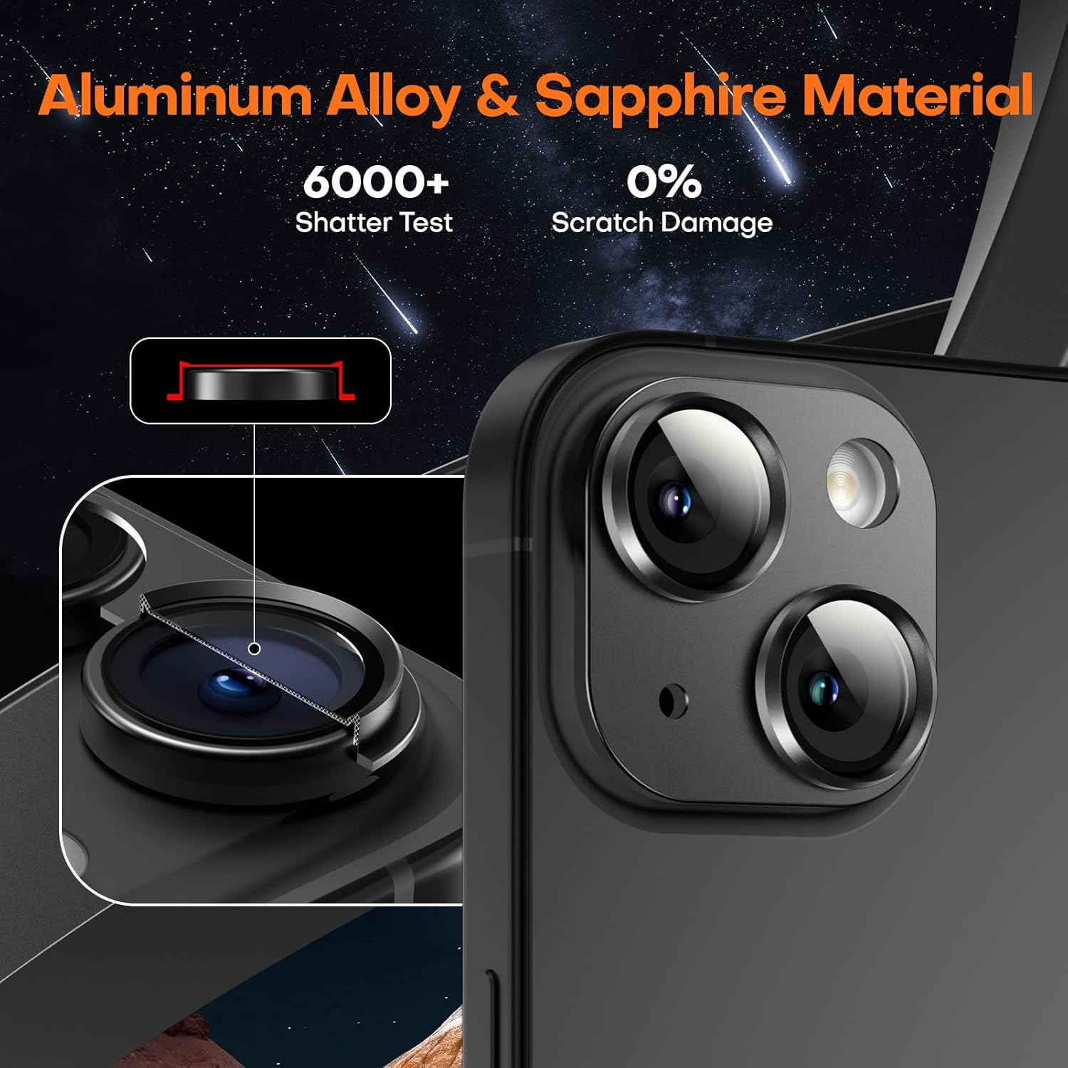 Camera Lens Protector for iPhone 15/iPhone 15 Plus/iPhone 14/iPhone 14 Plus, Aluminum Alloy Tempered Glass Camera Cover Screen, Anti-drop, Case Friendly- Black Titanium