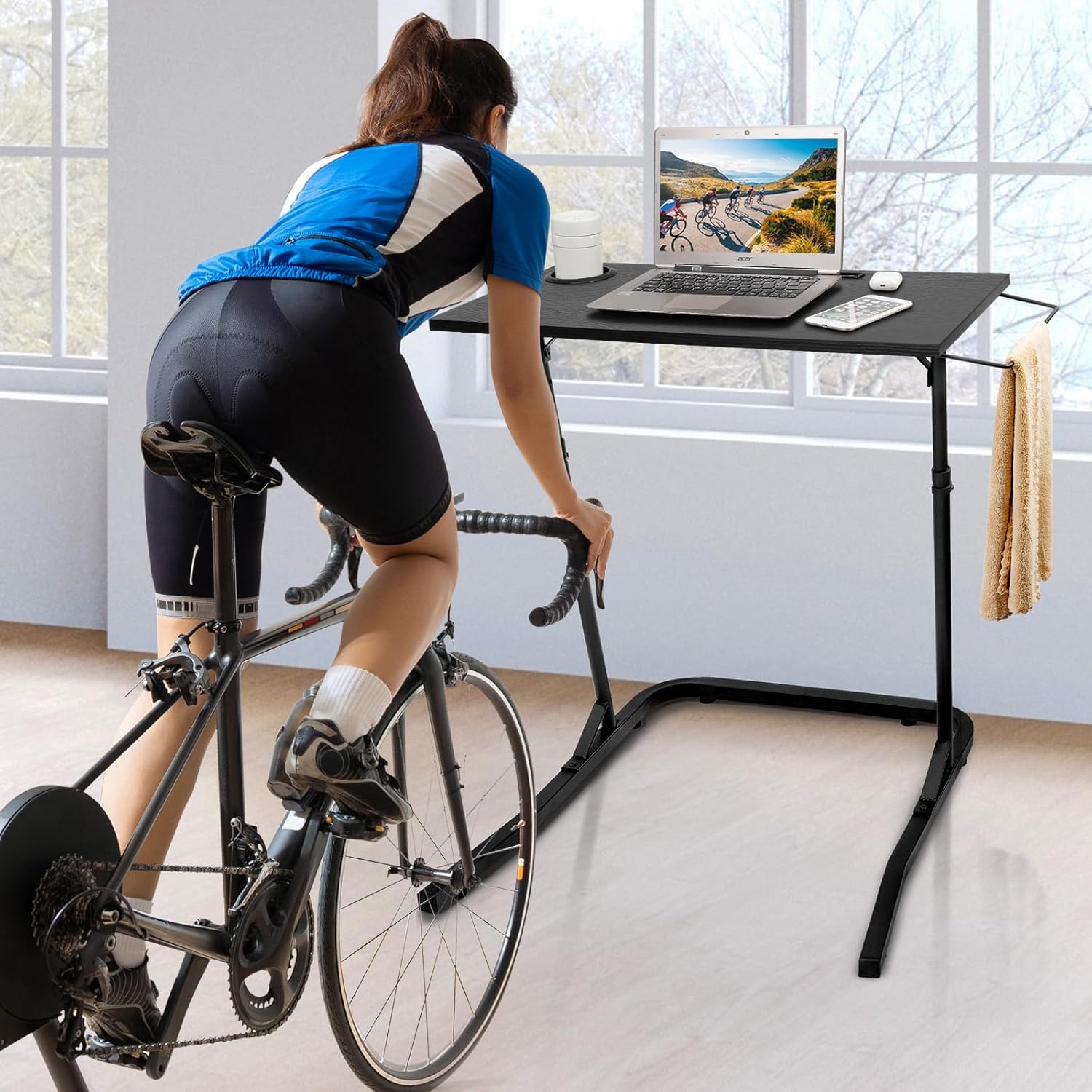 Ikkle Adjustable Bike Trainer Desk, Workstation Standing Desk for Treadmill Cycling, Cycle Trainer Stand Table for Indoor Workstation (Black)