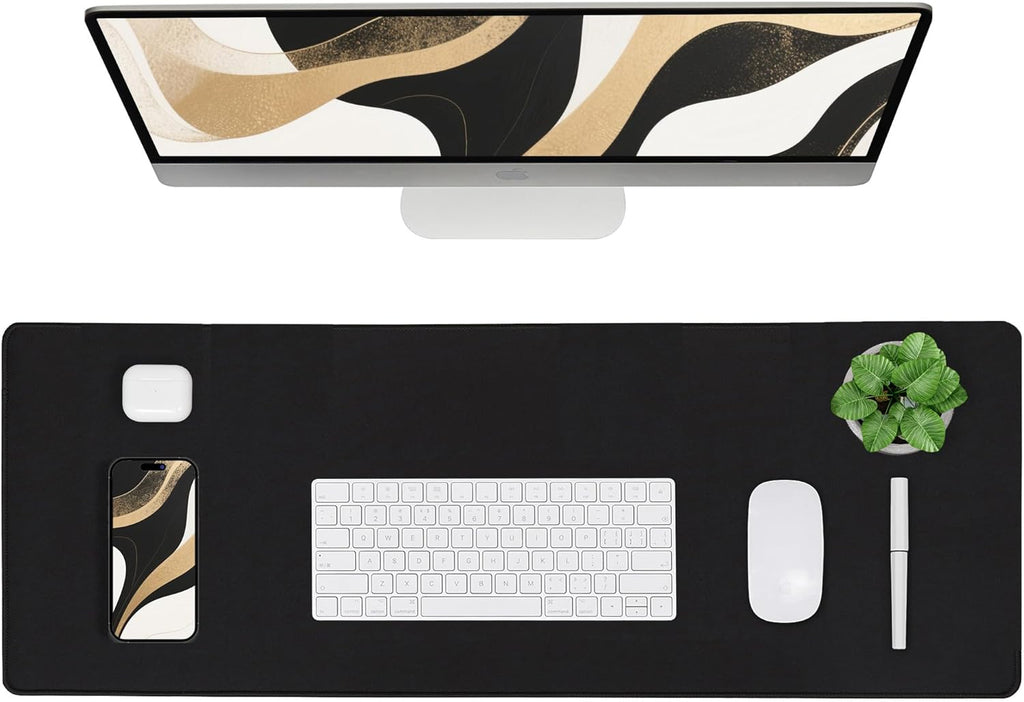 ALOANES Black Waterproof Desk Mat, Large Mouse Pad with Extended Mouse Mat, with Anti Slip Base, Stitched Edge, Grain Jacquard Surface, Perfect for Gamer, Office & Home, 3XL 15.74''x35.43''x0.12''