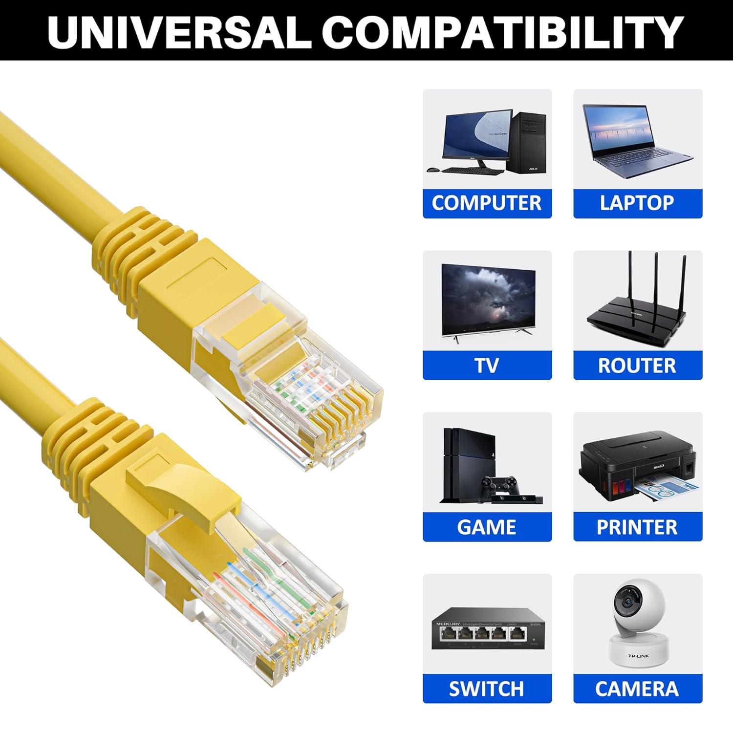Cat5e Ethernet Cable 200 FT, Long Cat 5e Internet Cable, Yellow Snagless Patch Cord, Flexible, Network, LAN, PoE, Standard RJ45 Connector for PC, Server, Router, Modem, TV, PS5 - with 15 Cable Ties