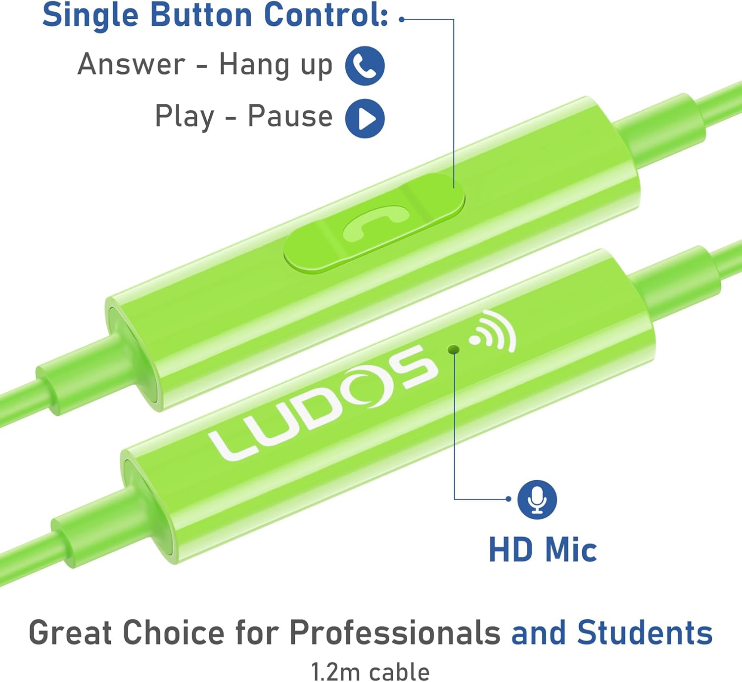 LUDOS OMNITONE Wired Earbuds in-Ear Headphones, 5 Years Warranty, Earphones with Microphone, 3.5 mm Jack Corded Ear Buds, Videoconference for iPhone, Samsung, Laptop, Kids, School Students - Green