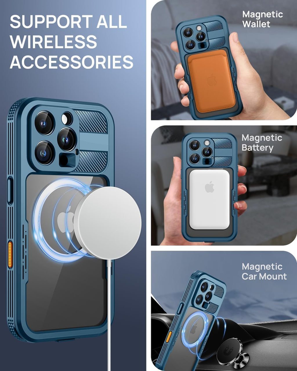 Lanhiem Magnetic for iPhone 16 Pro Case, IP68 Waterproof Dustproof Case, [Compatible with Magsafe] [Built-in Screen Protector] Full Body Heavy Duty Rugged Phone Cover 6.3 inch, Blue/Clear