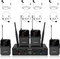 4-Channel Wireless Microphone System,UHF Compact Cordless Mic Set w/ 4x10 Frequencies, 200ft Range, 4 Bodypacks & Headset/Lapel Microphones for Singing, Church, Conference (MWM-41-4B)