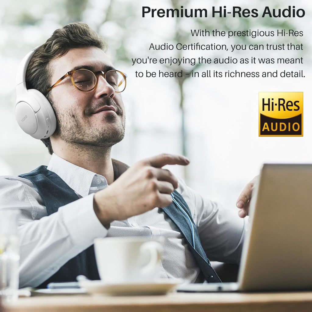 TOZO HT2 Hybrid Active Noise Cancelling Headphones, Wireless Over Ear Bluetooth Headset, 60H Playtime, Hi-Res Audio Custom EQ via App Deep Bass Comfort Fit Ear Cups, for Home Office Travel White