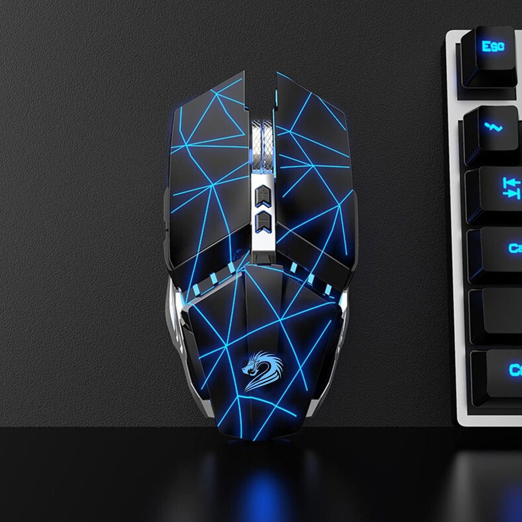 TENMOS T12 Wireless Gaming Mouse Rechargeable, 2.4G Silent Optical Wireless Computer Mice with Changeable LED Light for Laptop PC, 7 Buttons, 3 Adjustable DPI (Starry Black)