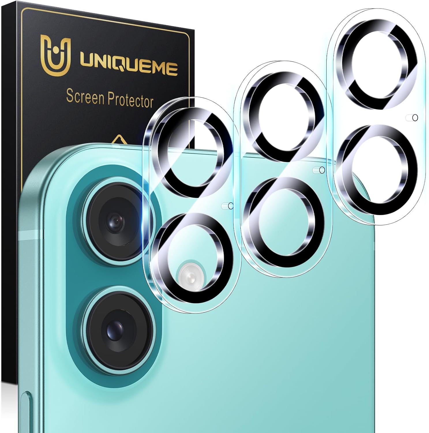 UniqueMe for 3 Pack iPhone 16 / iPhone 16 Plus Camera Lens Protector - [Drop Protection] [Case Friendly] 9H Tempered Glass Camera Cover Screen [Update New Version]