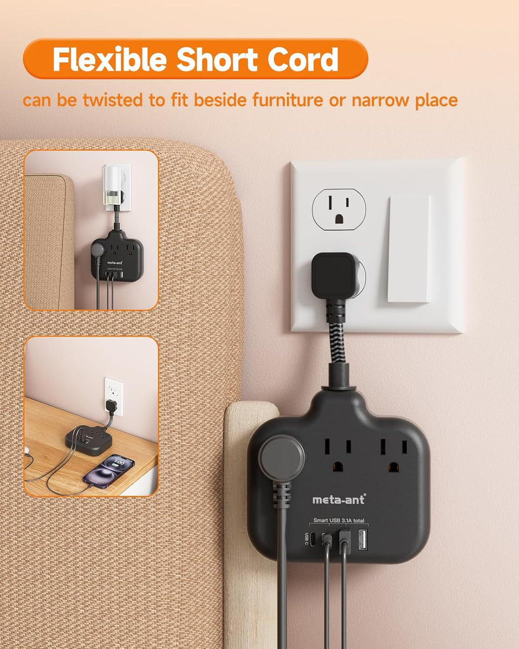 Short Extension Cord 2 inch, Short Cord Power Strip with 3 Outlets 4 USB(2 USB-C) 17W, Flat Outlet Extender, Non-Blocking, Non-Surge Protection for Cruise Travel Dorm Kitchen Bathroom, Black