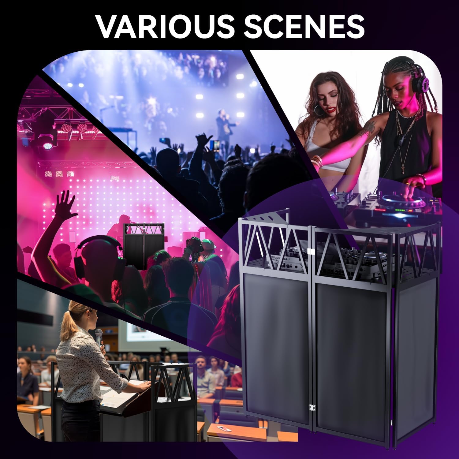 DJ Table Stand Portable booth, Foldable DJ Stand Booth, Heavy-Duty Adjustable Height DJ Facade Booth, Easy to Assemble, Stylish, Convenient to Store and Transpor
