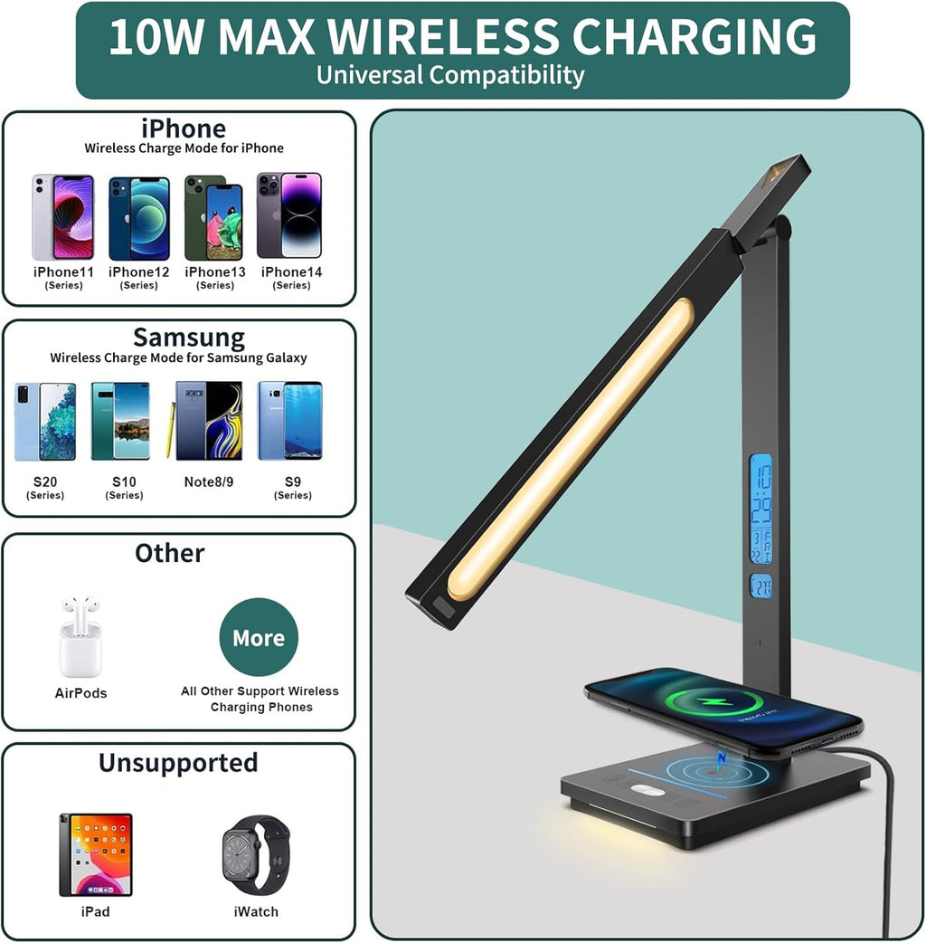 10 in 1 Smart Desk Lamp Led, Desk Light for Colleage Drom Room Office, Eye-Caring Table Lamp with Night Light, Lamp for Desk with 10W Wireless Charger, Dimmable Touch Lamp, Birthday Gifts for Women