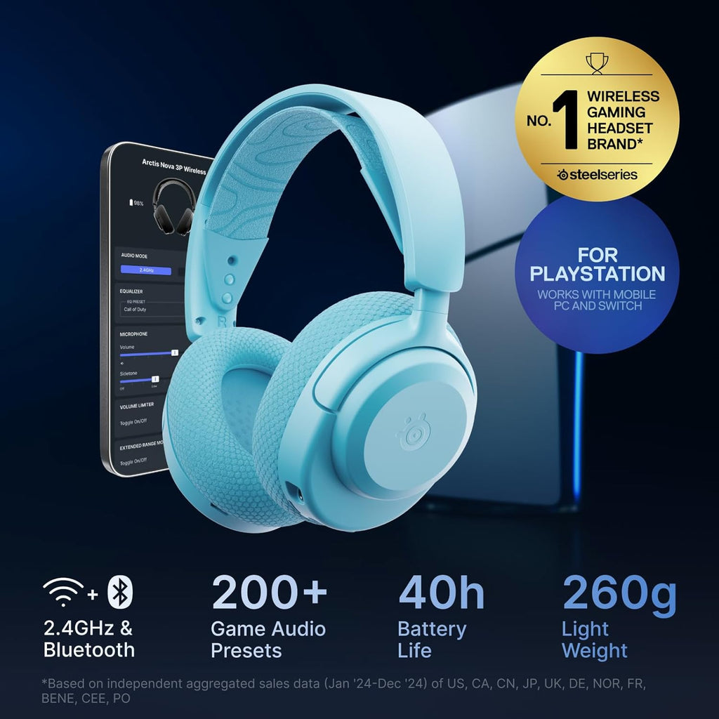 SteelSeries Arctis Nova 3P Wireless Multi-Platform Gaming Headset — Mobile App Control — 40 HR Battery — Neodymium Magnetic Drivers — 2.4GHz/Bluetooth — PS5, PS4, PC, Switch, Mobile — Aqua
