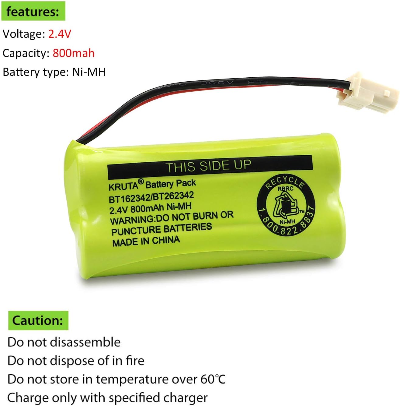 Kruta BT166342 BT266342 Battery 2.4V 800mah Replacement Battery Pack Compatible with for BT183342 BT283342 BT162342 BT262342 VTech CS6114 CS6419 CS6719 at&T EL52300 CL80111 Cordless Phone (Pack 4)