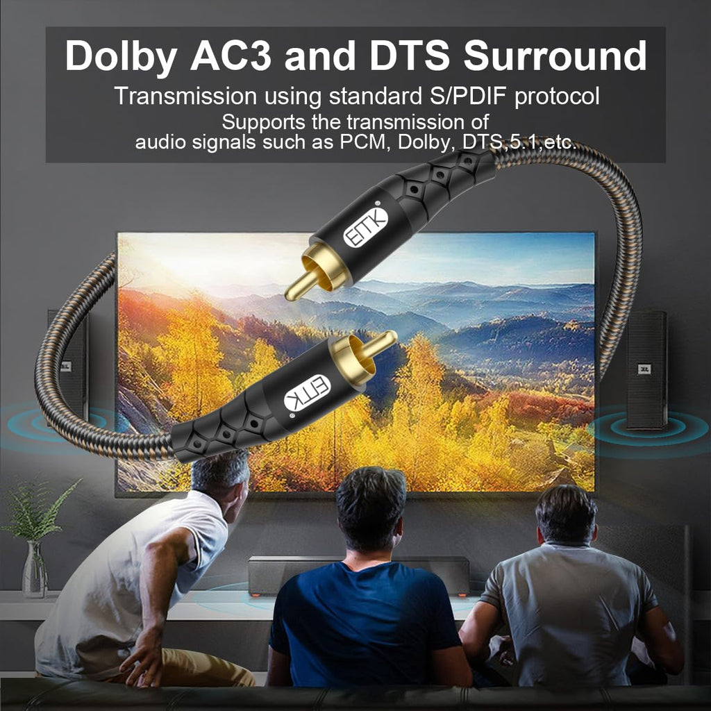 EMK RCA to RCA Subwoofer Cable – 24K Gold-Plated Connector Nylon Braided Double Shielded Audio Cable Digital&Analog Signal Support for Amplifiers Subwoofer Home Theater Hi-Fi Systems Black/50ft/15m